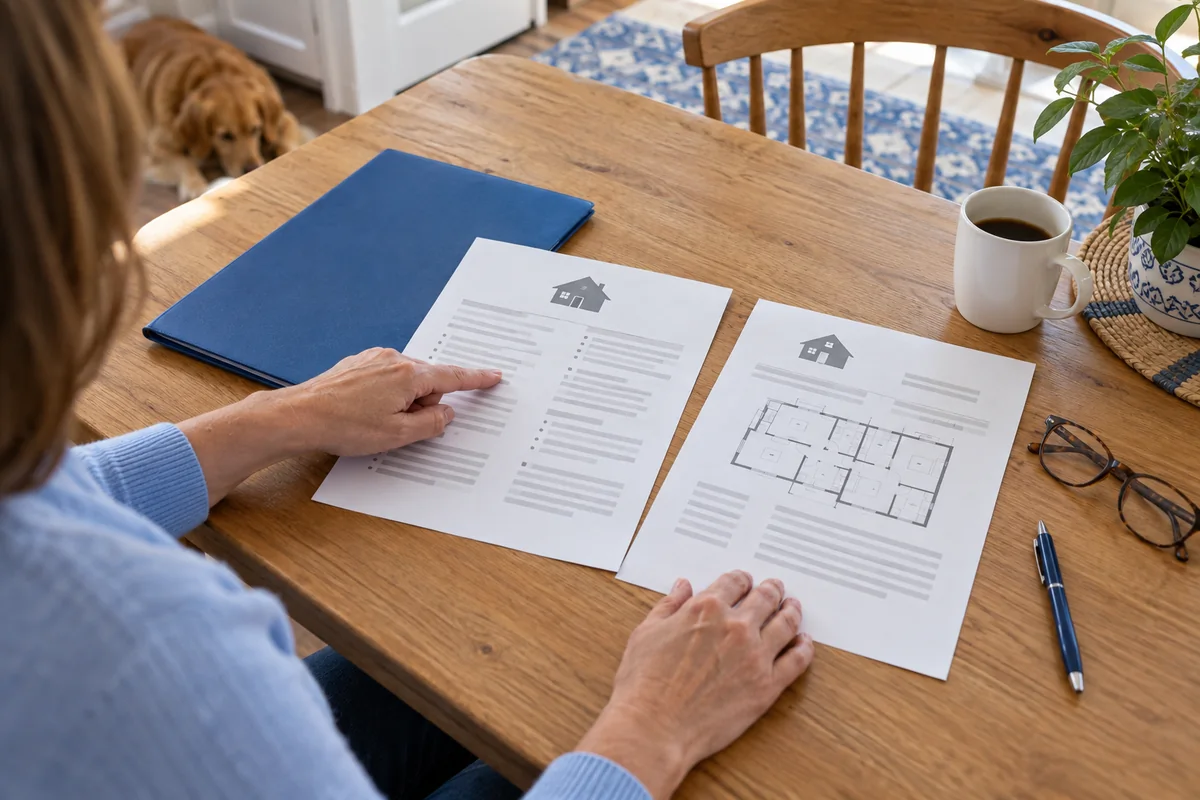 Illustrative homeowner comparing service documents at a wooden table