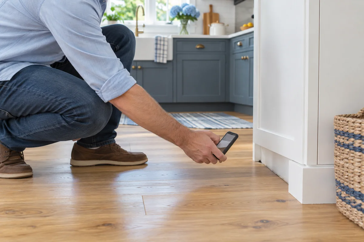 Illustrative homeowner photographing a baseboard gap before a pest inspection