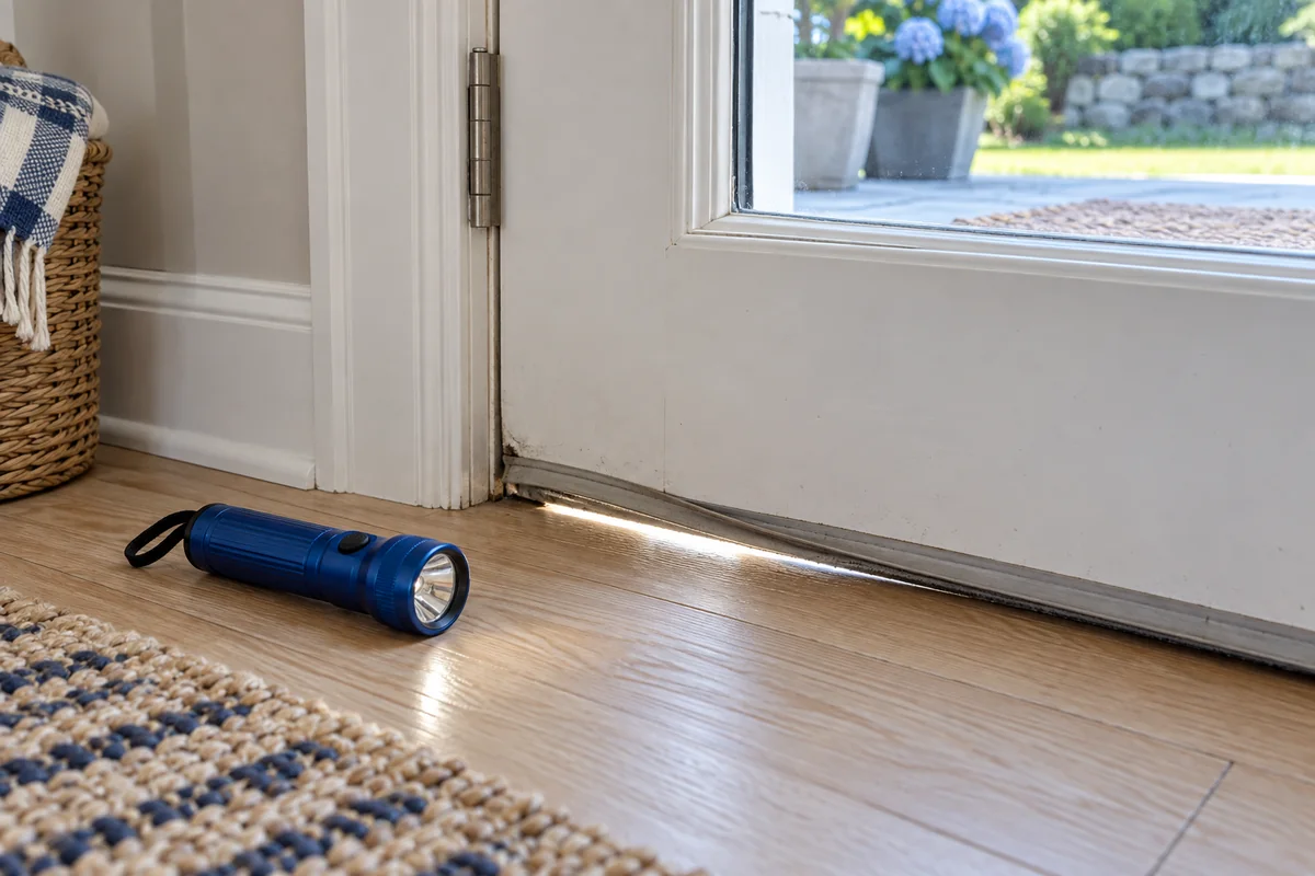 Illustrative gap beneath worn door weatherstripping beside a blue flashlight