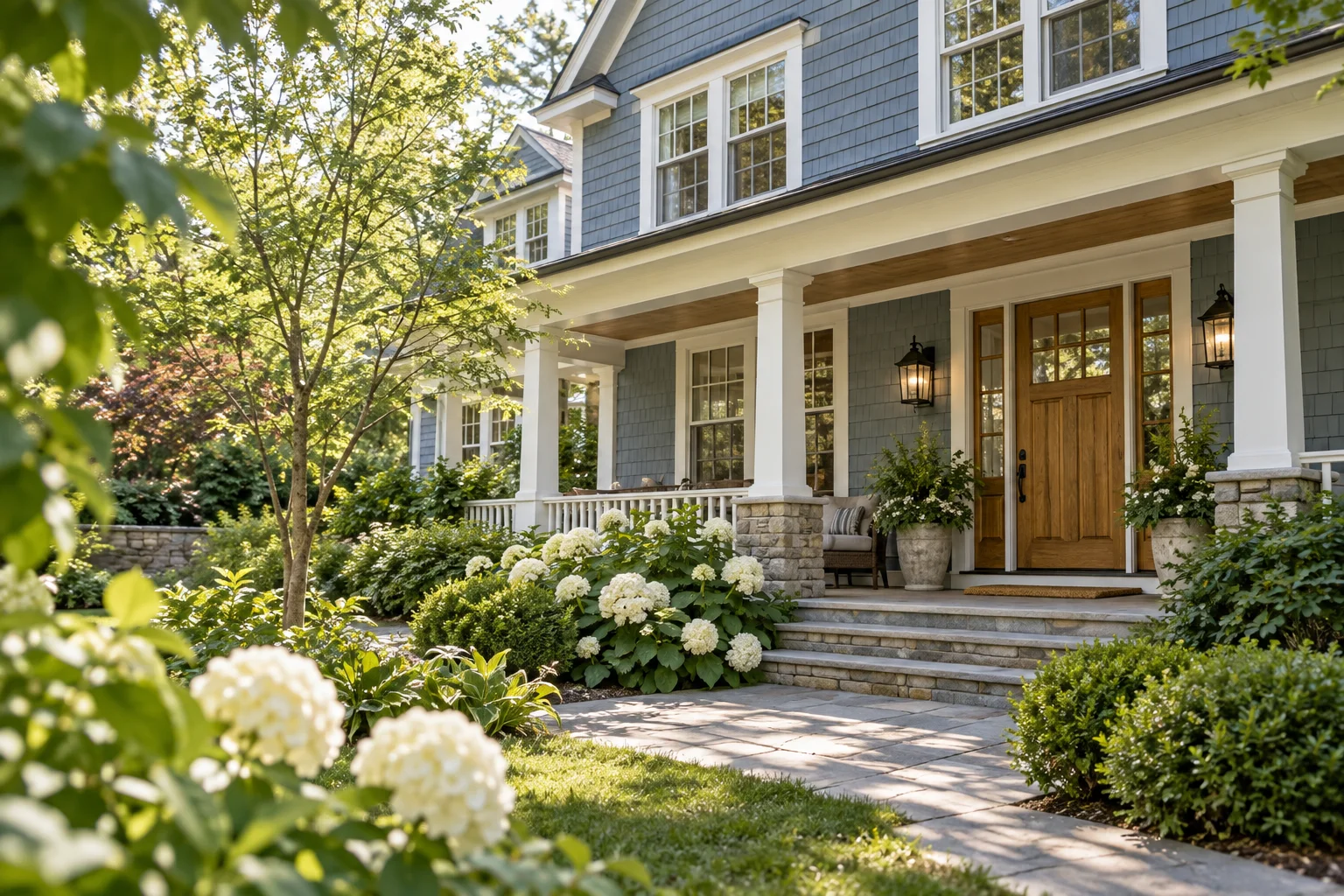 A welcoming blue-gray shingle home with a sunlit porch and hydrangeas