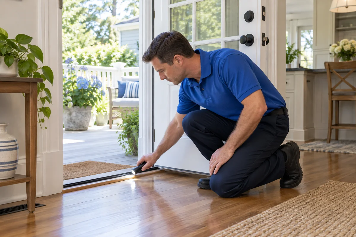 Illustrative technician in a blue shirt examining the seal beneath an open back door