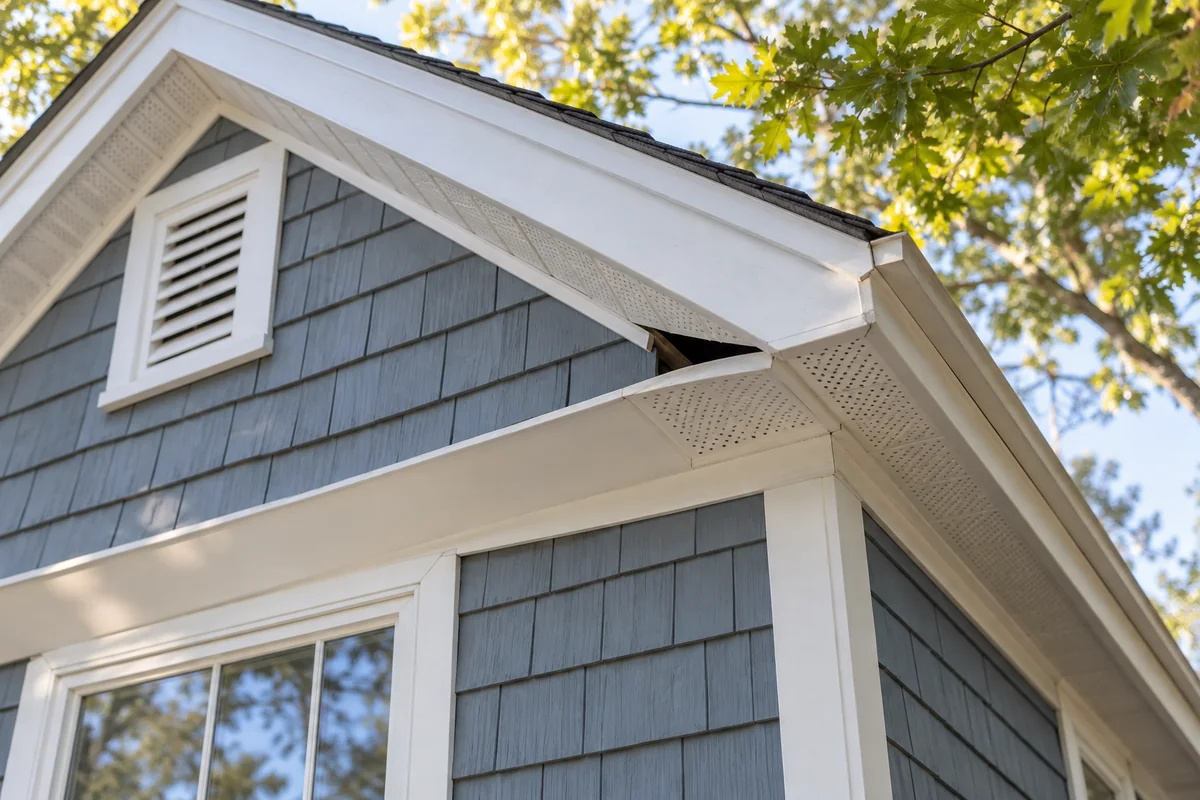 Illustrative loosened soffit panel beside a home attic vent
