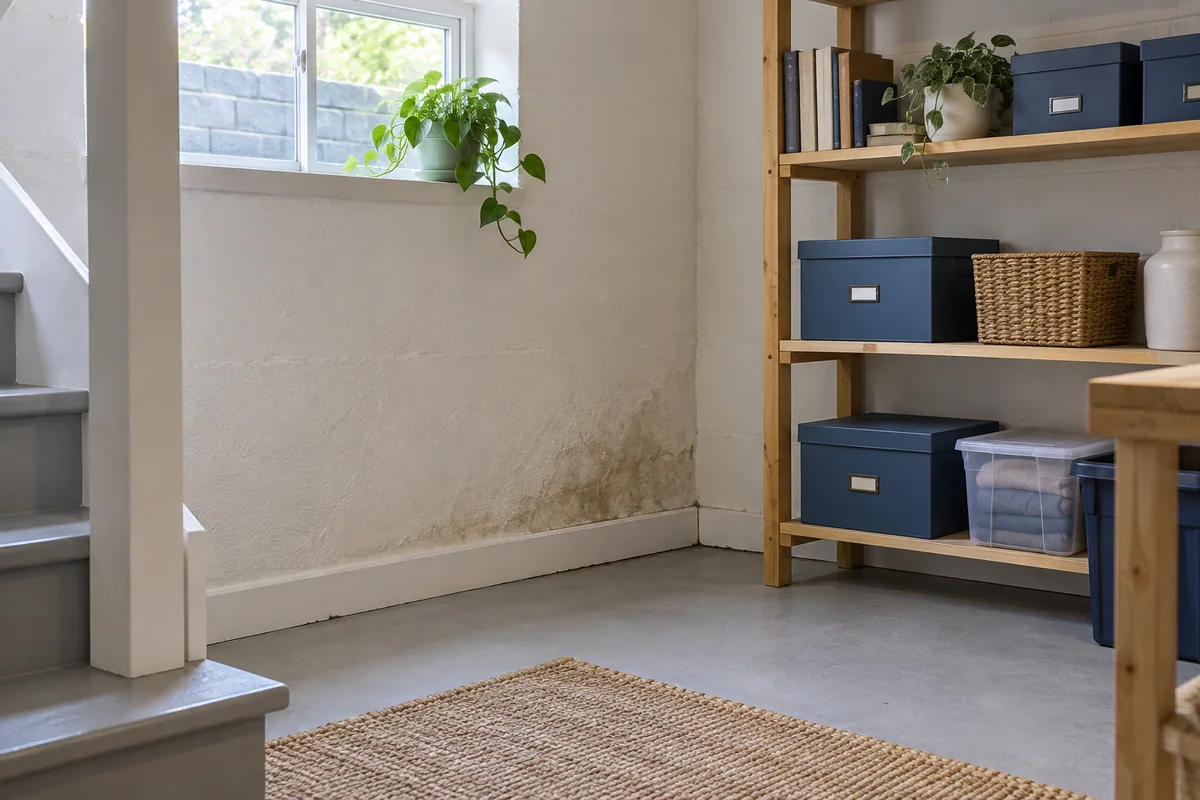 Illustrative basement storage with books, blue boxes and a damp mark near the baseboard