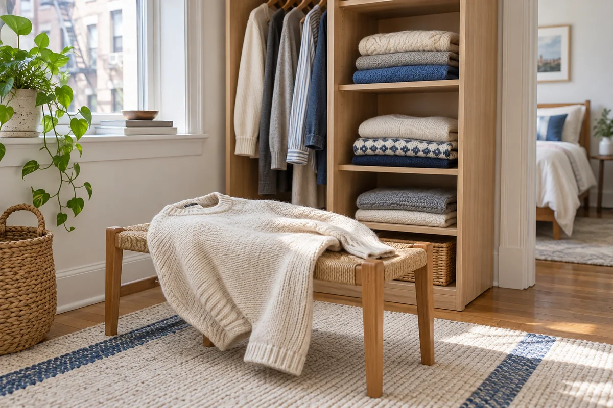 Illustrative wool garments and a rug arranged beside open wardrobe storage
